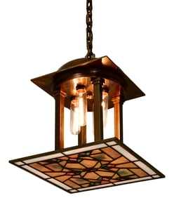 American Arts & Crafts Leaded Glass & Brass Chandelier