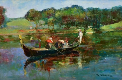 Jacques Deveau (French, b. 1937), Figures Rowing a Boat in a Pond
