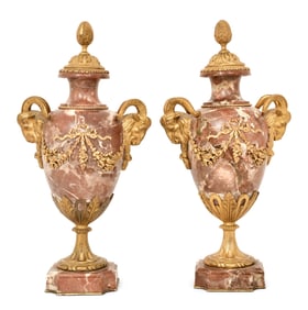 Pair of French Gilt Bronze-Mounted Marble Urns with Ram's Heads