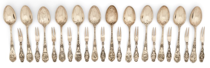 Set of 24 Gorham Sterling Silver "Zodiac" Cocktail Forks & Spoons