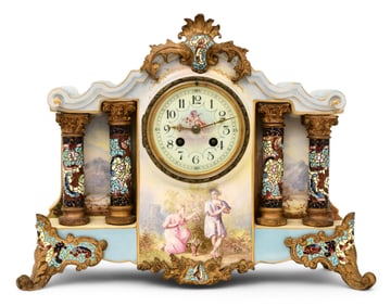 French Champlevé & Gilt Bronze-Mounted Porcelain Mantel Clock, Jacob Petit (French, 1797-1868)