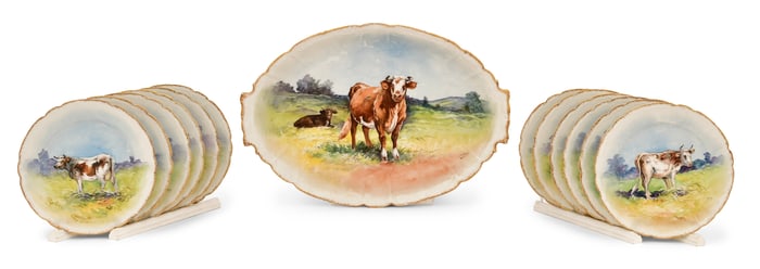 Limoges Hand-Painted Porcelain Dinner Set with Cattle