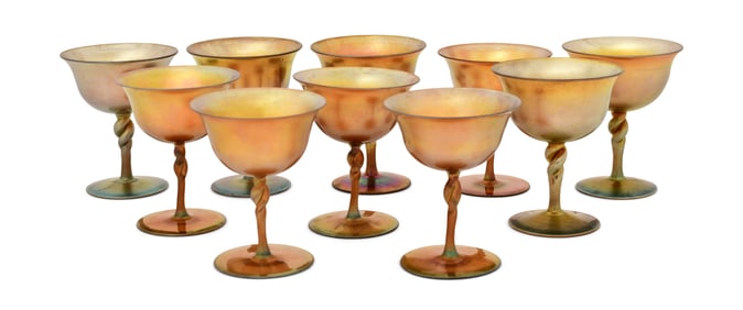 Set of 10 Steuben Aurene Glass Goblets