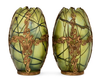Loetz, Pair of Gilt Bronze-Mounted Threaded Vases