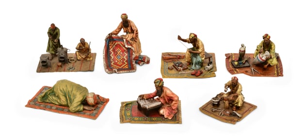 Lot of Seven Austrian Cold-Painted Bronze Sculptures of Rug Merchants, One by Franz Xaver Bergmann