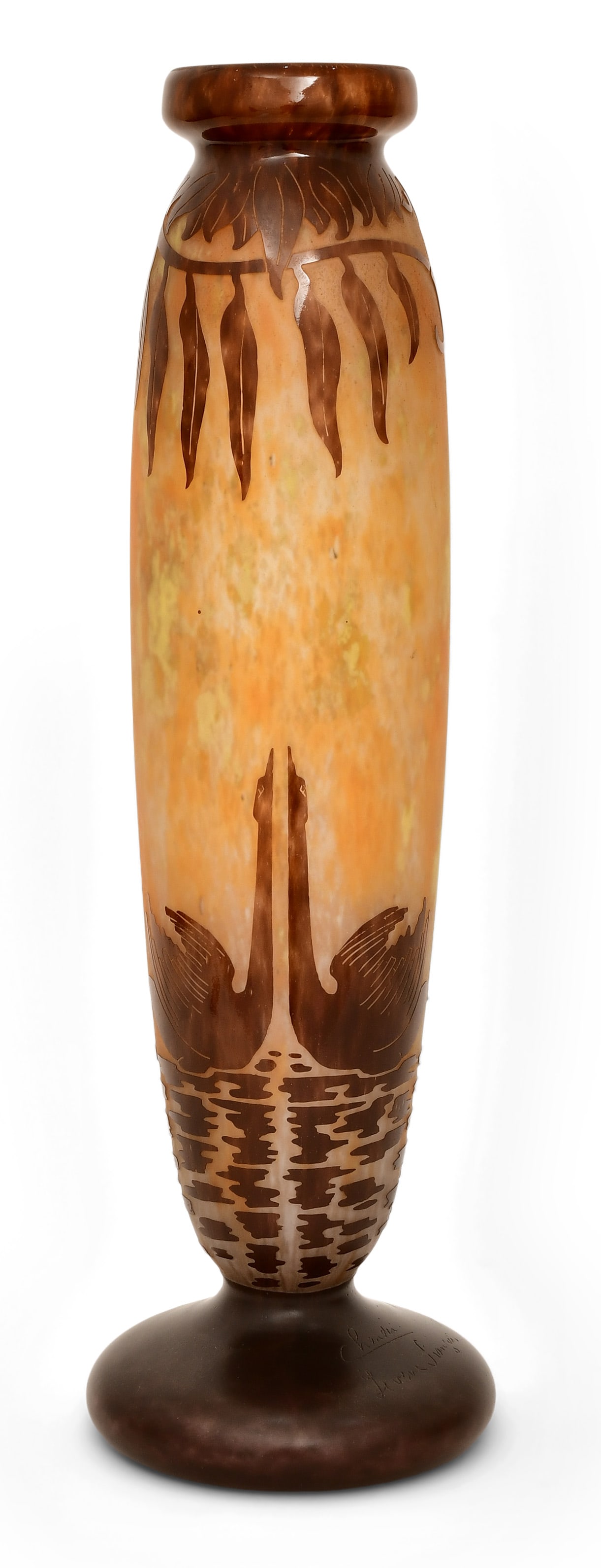 Schneider Glassworks Le Verre Francais "Cygnes" Vase: Schneider GlassworksLe Verre Francais "Cygnes" Vaseearly 20th centuryacid-etched cameo glassmarked "Charder, Le Verre Francais"19 1/2 in. high x 6 in. diameterProvenance: Private Collection, Bosto