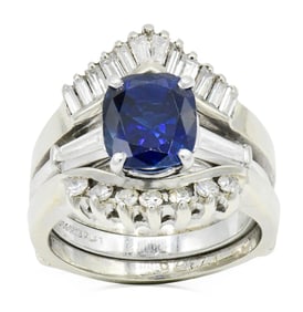 Platinum, Sapphire & Diamond Engagement Ring with 14K White Gold & Diamond Ring Guard