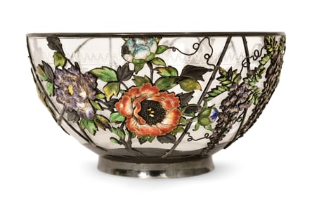 Japanese Meiji Period Silver-Mounted & Enameled Glass Bowl
