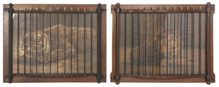 Pair of Spindled Oak Frames with Lithographs of a Tiger & Lion