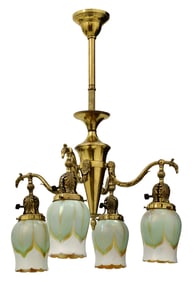 American Brass Chandelier with Quezal "Pulled Feather" Art Glass Shades