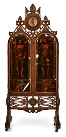 Gothic Revival Parcel-Gilt, Walnut & Reverse Painted Glass Fireplace Screen