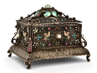 Continental Silver, Enamel & Jeweled Musical Jewelry Box