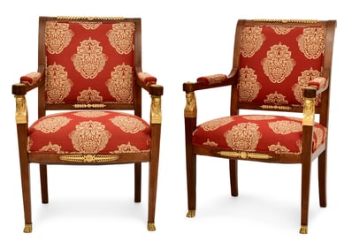 Pair of French Empire-Style Gilt Bronze-Mounted Mahogany Armchairs