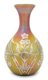 Quezal Silver Overlay Glass Vase