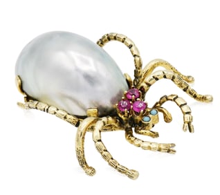 14K Yellow Gold, Pearl, Ruby & Turquoise Spider Brooch