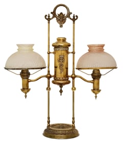 American Brass Double Student Lamp with Ribbed Glass Shades