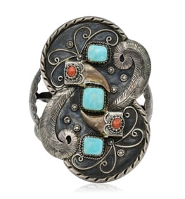 Sterling Silver, Turquoise, Red Coral & Claw Navajo Bracelet