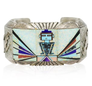 Gilbert Nelson Sterling Silver & Mosaic Gemstone Cuff Bracelet