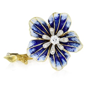 18K Yellow Gold, Enamel & Diamond Flower Brooch
