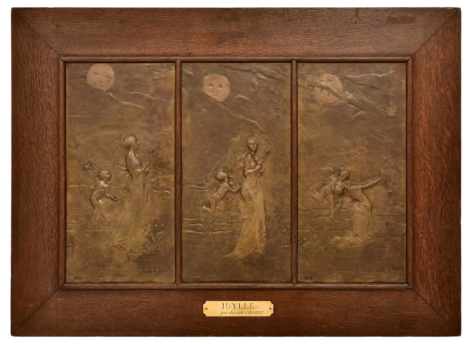 Joseph Gustave Cheret (French, 1838-1894), "Idylle" Tryptic Bronze Plaque (1 of 9)