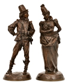 Emmanuel Fremiet (French, 1824-1910), Pair of Bronze Sculptures of a Man & Woman