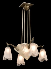 French Art Deco Frosted Glass & Silvered Metal Chandelier, Degue