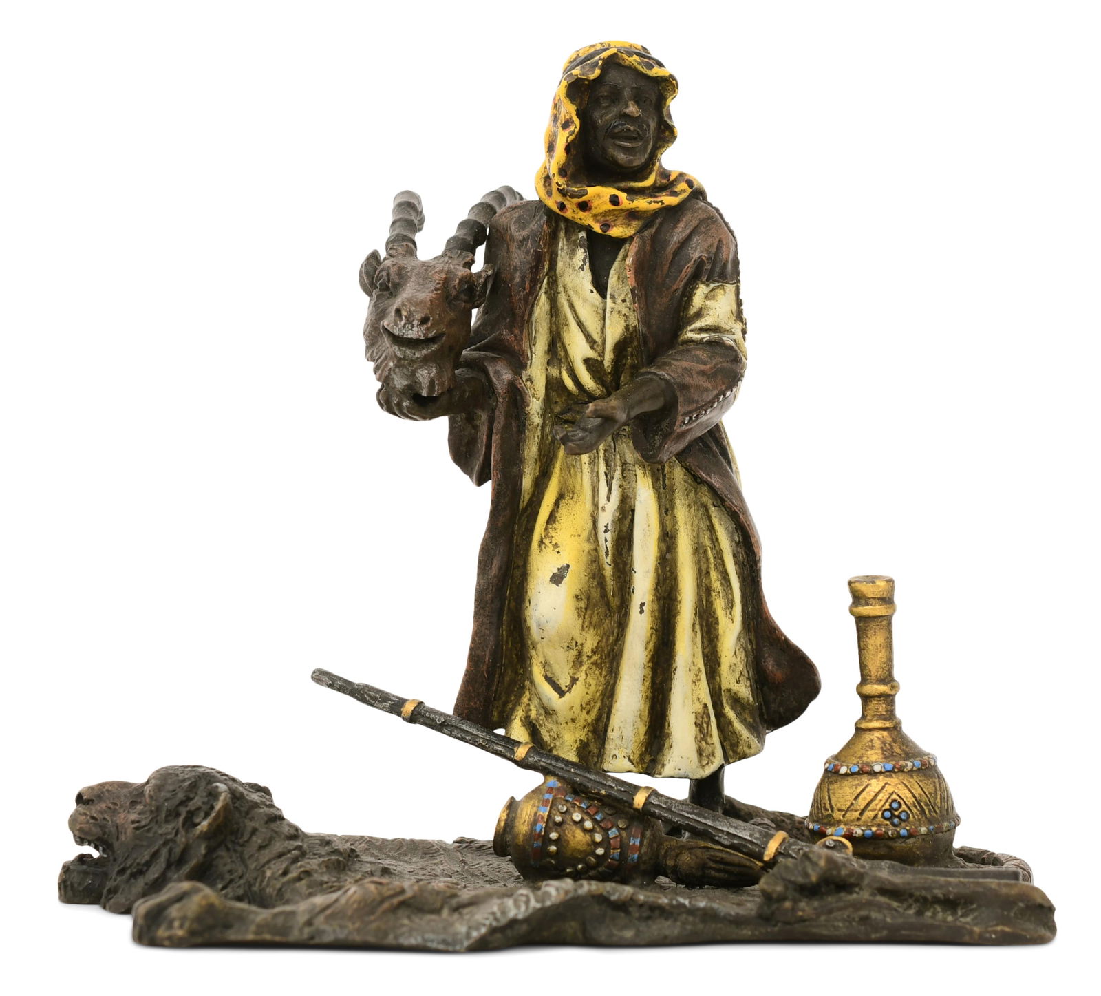 Franz Xaver Bergmann (Austrian, 1861-1936), Arab Man with Taxidermy and a Rifle: Franz Xaver Bergmann(Austrian, 1861-1936)Arab Man with Taxidermy and a Riflecold-painted bronze sculpturestamped with the Bergman seal (B inside an urn)5 3/4 x 6 1/2 x 4 inchesProvenance: Private