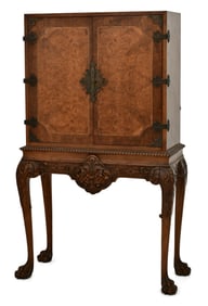 American Carved Walnut & Burl Walnut Two-Door Bar Cabinet