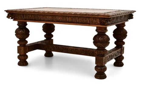 American Carved Oak Library Table with Lion Heads
