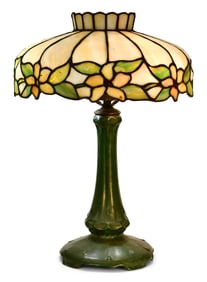 American Leaded Glass Floral Table Lamp with Hampshire Pottery Base