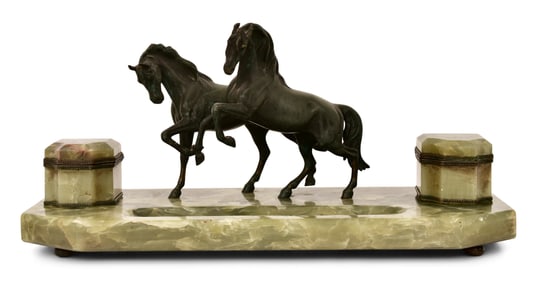 French Patinated Bronze & Onyx Inkstand with Horses