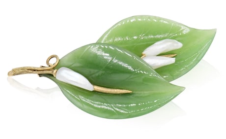 Gumps 14K Yellow Gold, Jade & Pearl Brooch