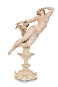 Bisque Porcelain Grouping of a Nude Woman & Cherub on a Painted Metal Base