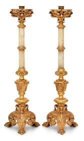 Pair of French Gilt Bronze & Onyx Floor Standing Candle Holders