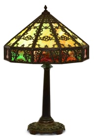 American Slag Glass & Patinated Metal Table Lamp