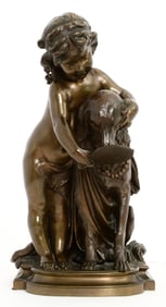 Auguste Joseph Peiffer (French, 1832-1886), Bronze Sculpture of a Young Girl with Dog