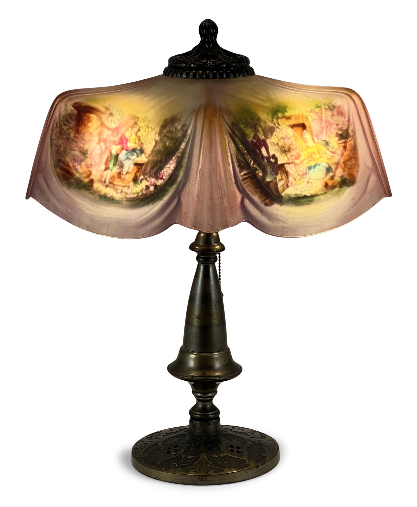 Pittsburgh Lamp, Brass & Glass Co. Floral Table Lamp: Pittsburgh Lamp, Brass & Glass CompanyFloral Table Lampearly 20th centuryreverse painted glass, patinated metal20 x 12 3/4 inchesProvenance: Private Collection, Boston, Massachusetts
