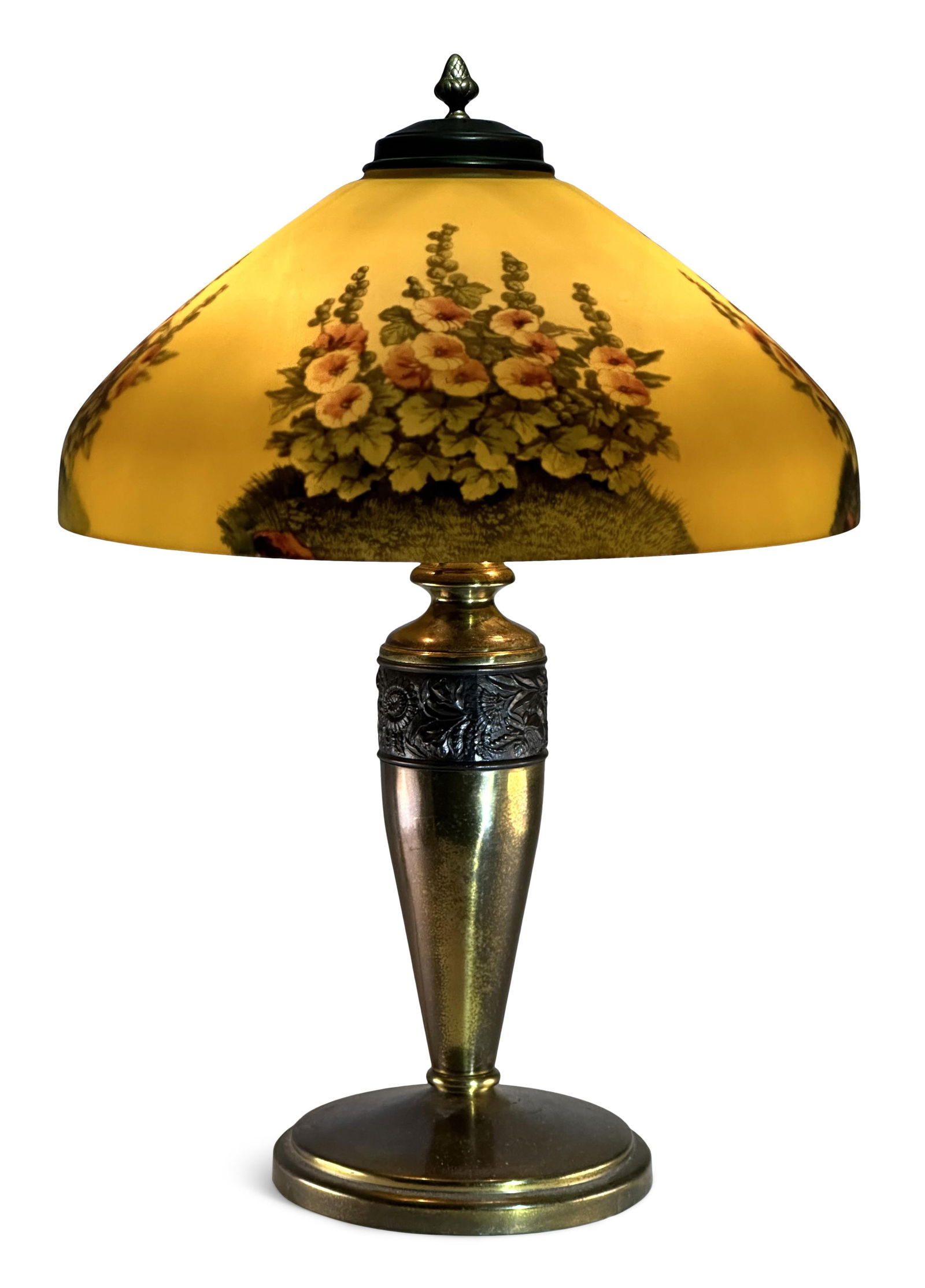 Pittsburgh Lamp, Brass & Glass Company Floral Table Lamp: Pittsburgh Lamp, Brass & Glass CompanyFloral Table Lampearly 20th centuryreverse painted glass, gilt and patinated metal22 1/2 in. high, 16 in. diameter (shade)Provenance: Private Collection, Boston,