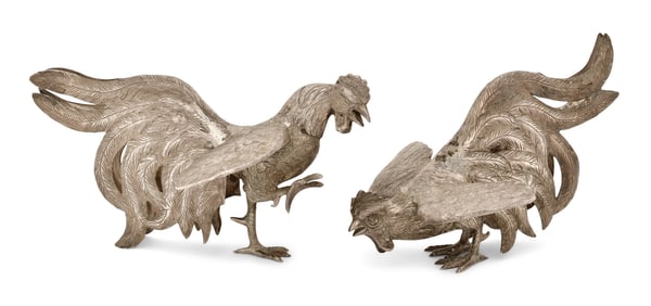 Two Continental Sterling Silver Figures of Roosters