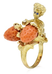 14K Yellow Gold, Red Coral, Diamond & Blue Sapphire Ring