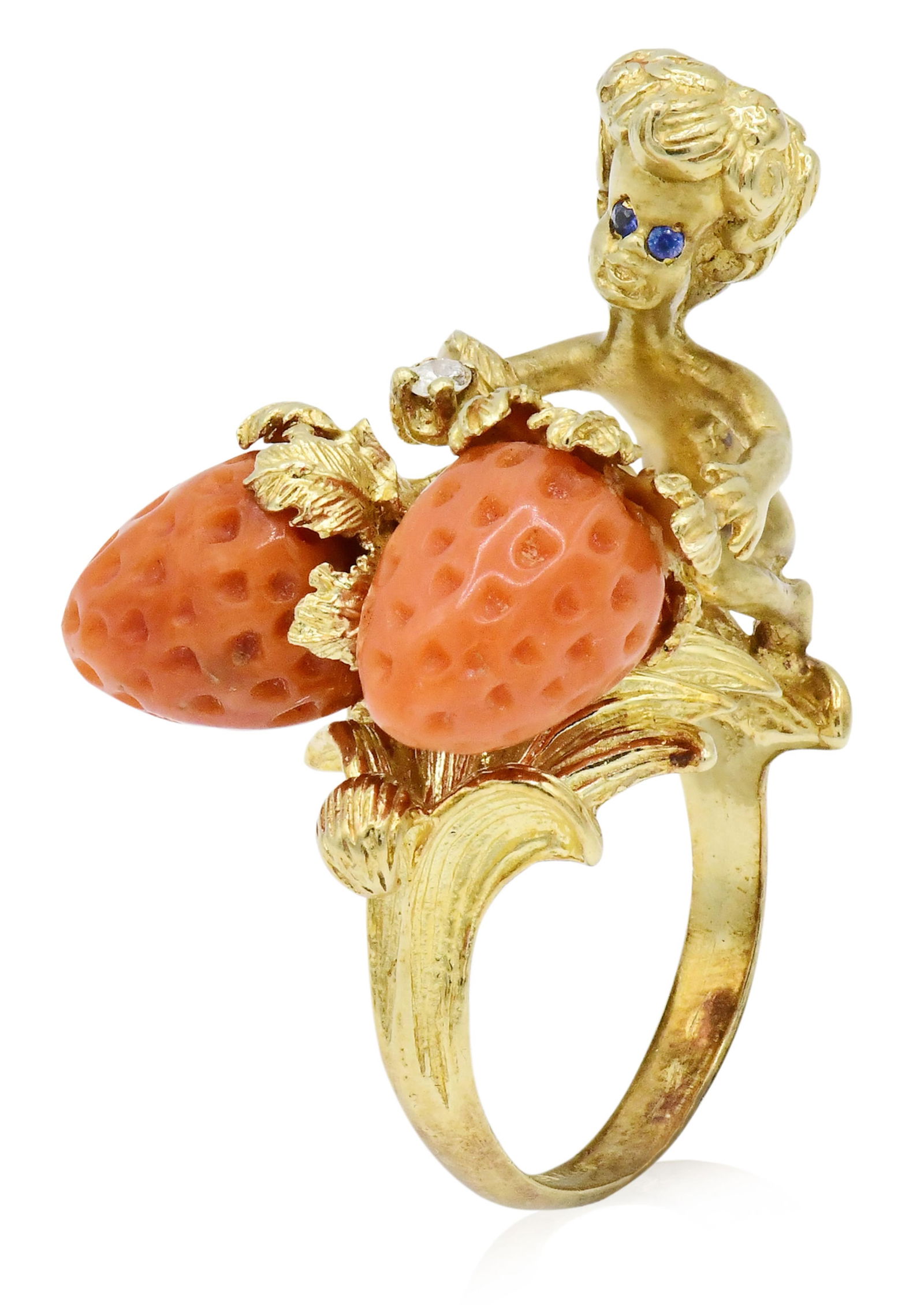14K Yellow Gold, Red Coral, Diamond & Blue Sapphire Ring (1 of 6)