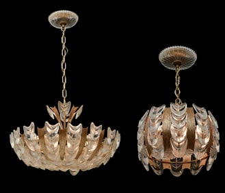 Two Palwa Mid-Century Modern Gilt Brass & Crystal Chandeliers