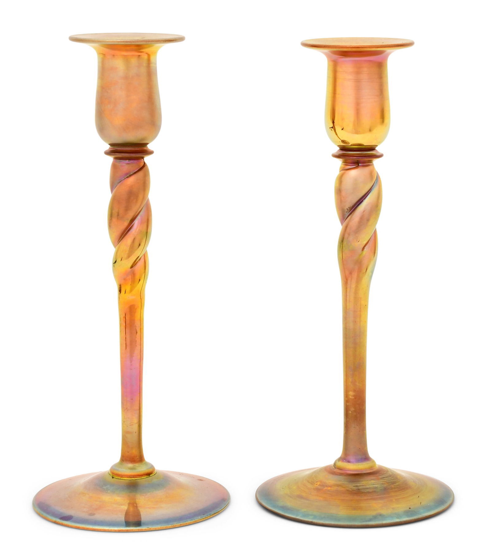 Pair of Steuben Aurene Glass Candlesticks (1 of 5)
