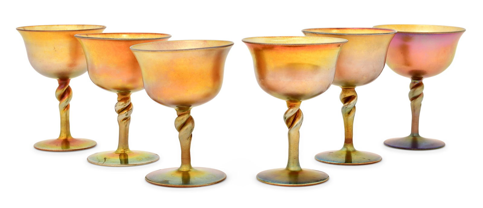 Set of Six Steuben Aurene Glass Goblets: Steuben Glass Works(Corning, New York, est. 1930)Set of Six Gobletsearly 20th centuryaurene glassmarked "Steuben, Aurene, 2361"4 1/2 x 3 1/4 inchesProvenance: Private Collection, Orchard Par