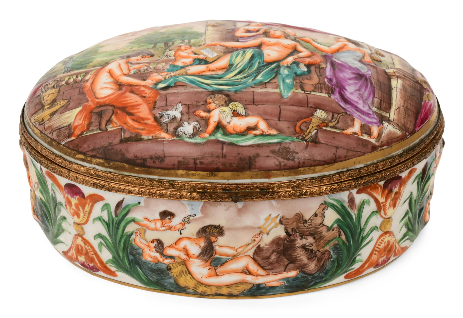 Capodimonte Porcelain Hinged Box: Capodimonte Porcelain Hinged Boxlate 19th centurydecorated with scenes of mythical figures, structures and foliate, signed with firm's mark to the underside4 3/4 x 10 x 7 inches
