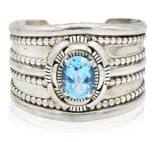 Tom Lewis Sterling Silver & Blue Topaz Cuff Bracelet