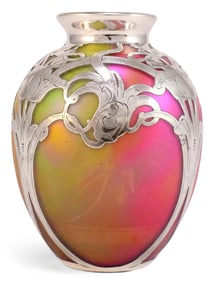 American Silver Overlay Glass Vase