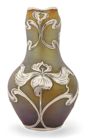Austrian Silver Overlay Iridescent Glass Vase
