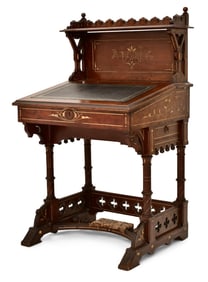 American Gothic Revival Parcel-Gilt Walnut Davenport Desk