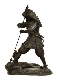 Japanese Bronze Sculpture of a Samurai Fighting a Tiger